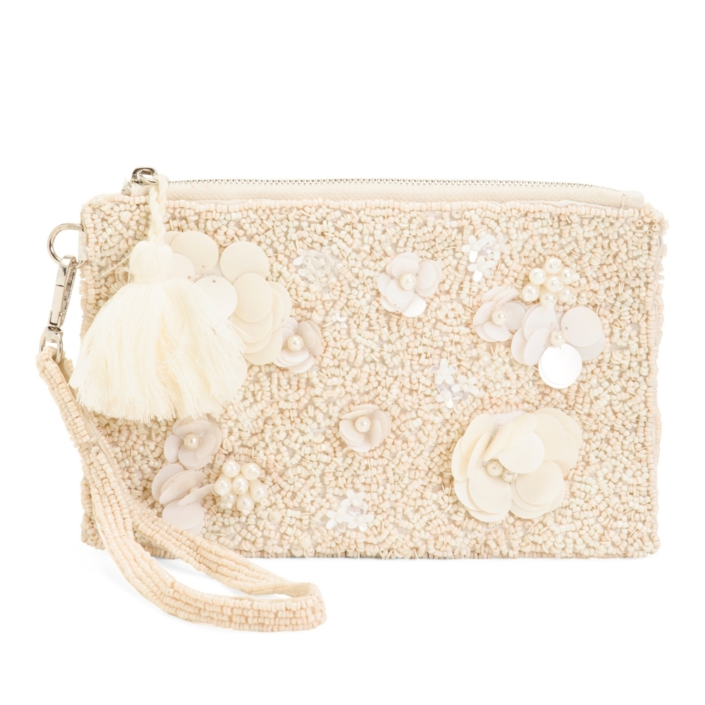 Sol And Mer Ivory Beaded Floral Wristlet Clutch